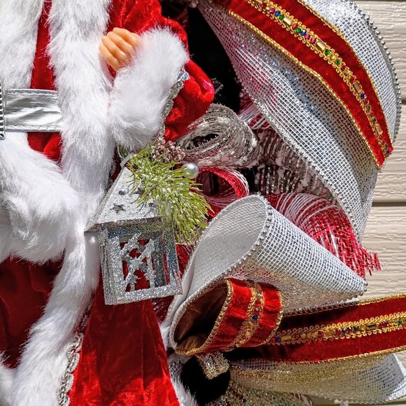 Santa Christmas Wreath, Deluxe Christmas Wreath, Silver Red Mesh Wreath - Picture 7 of 11